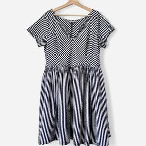 eShakti 100% Cotton Striped Seersucker Babydoll Dress Coastal Nautical Size L